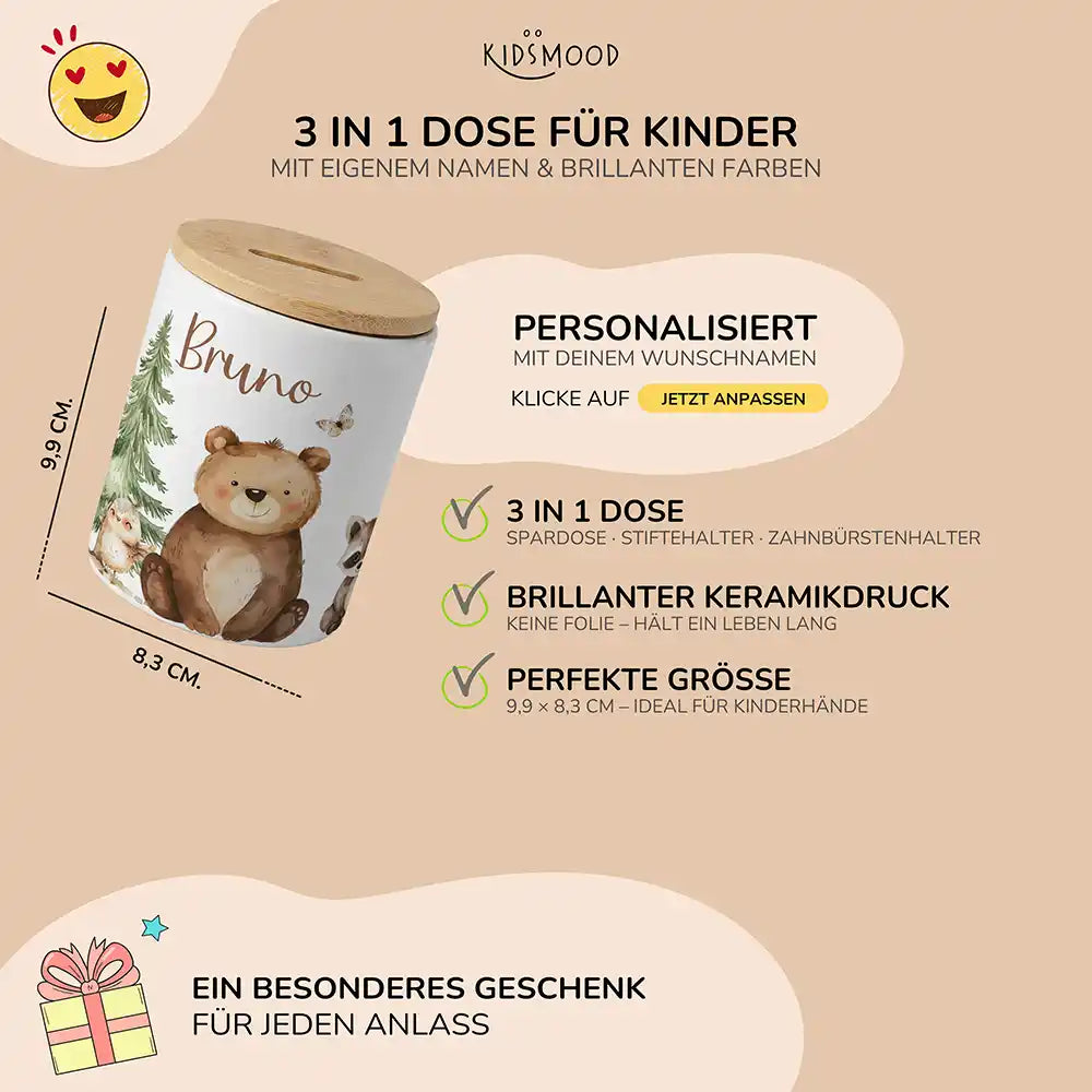 Personalisierte Spardose Bär & Waschbär – Keramik & Bambus mit Wunschname