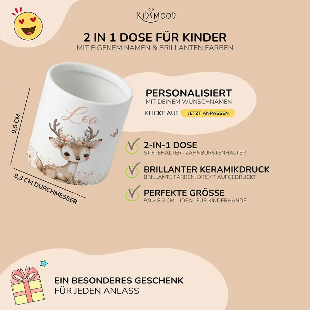 Personalisierter Stiftehalter Reh Blumenkranz - liebevolle Geschenkidee fürs Kinderzimmer