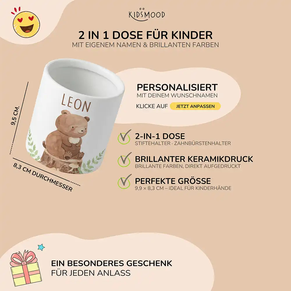Personalisierter Stiftehalter Bär Wald - liebevolle Geschenkidee fürs Kinderzimmer