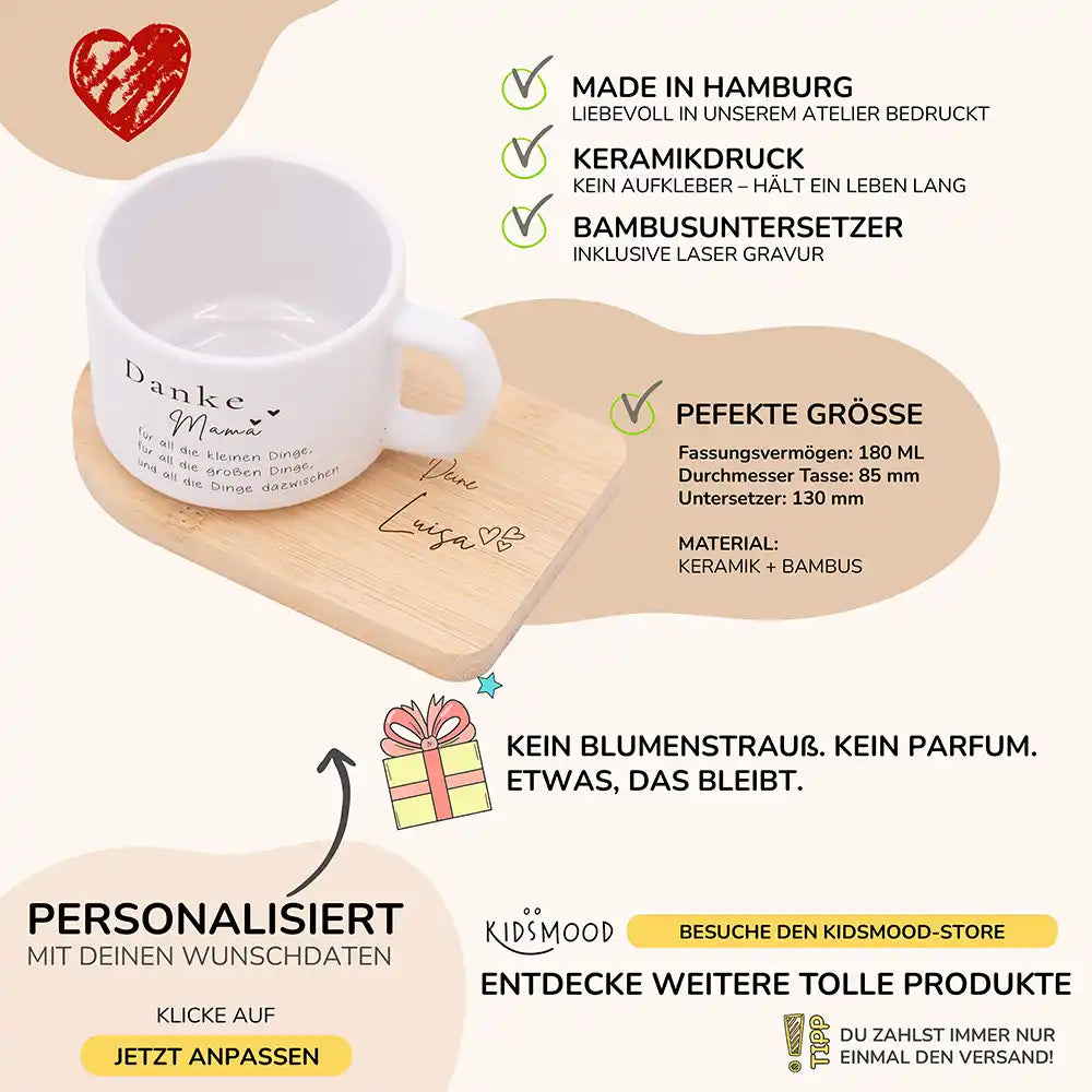Tasse mit Name Muttertag Danke Mama – kleine und große Dinge – Produktdetails Keramikbecher 180 ml