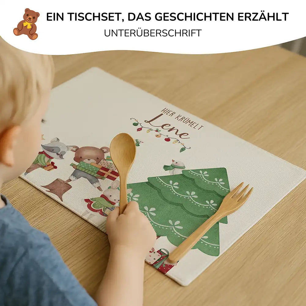Tischset Kinder personalisiert Weihnachtsmotiv - Weihnachtsmärchen im Tierwald