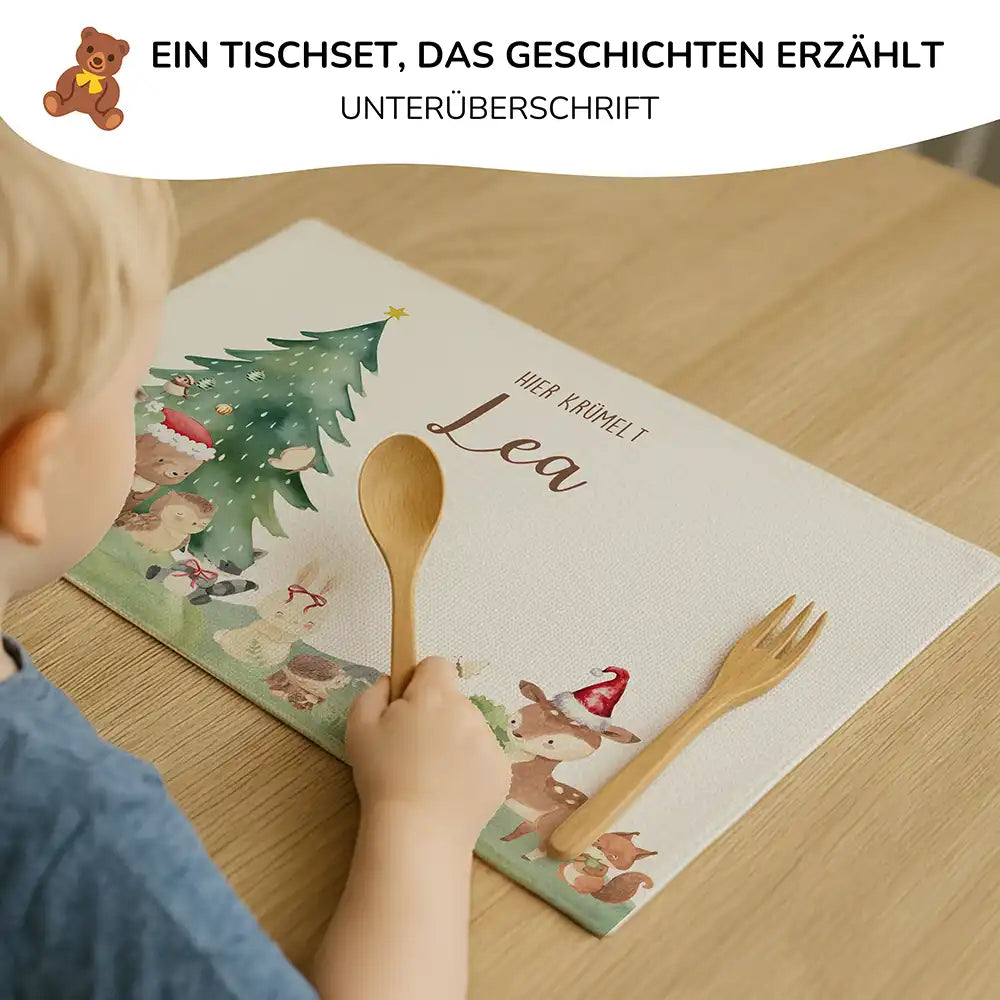 Tischset Kinder personalisiert Weihnachtsmotiv - Niedliche Waldtiere
