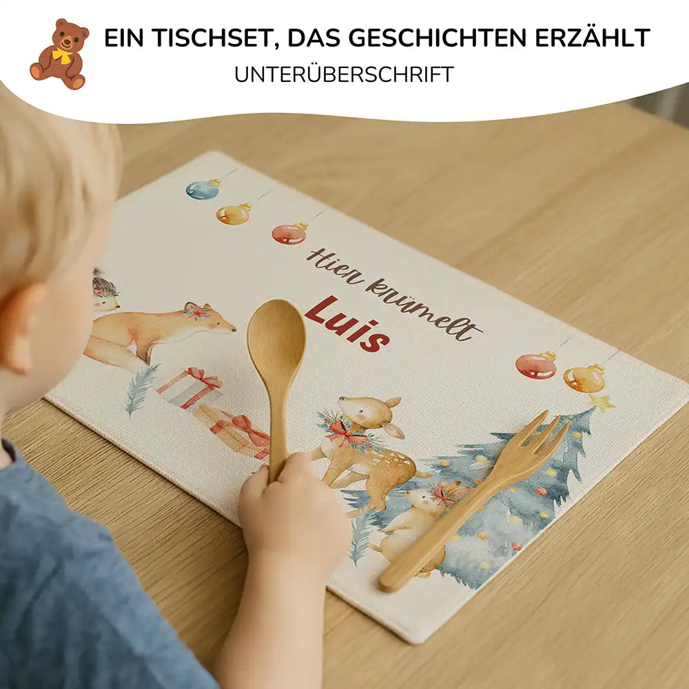 Tischset Kinder personalisiert Weihnachtsmotiv - Schneeflocken-Tierbande
