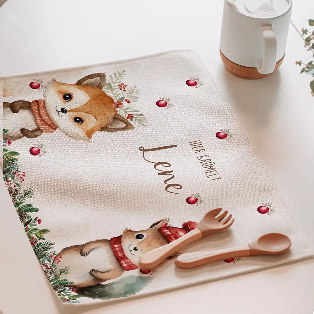 Tischset Kinder personalisiert Weihnachtsmotiv - Tierfreunde im Wald