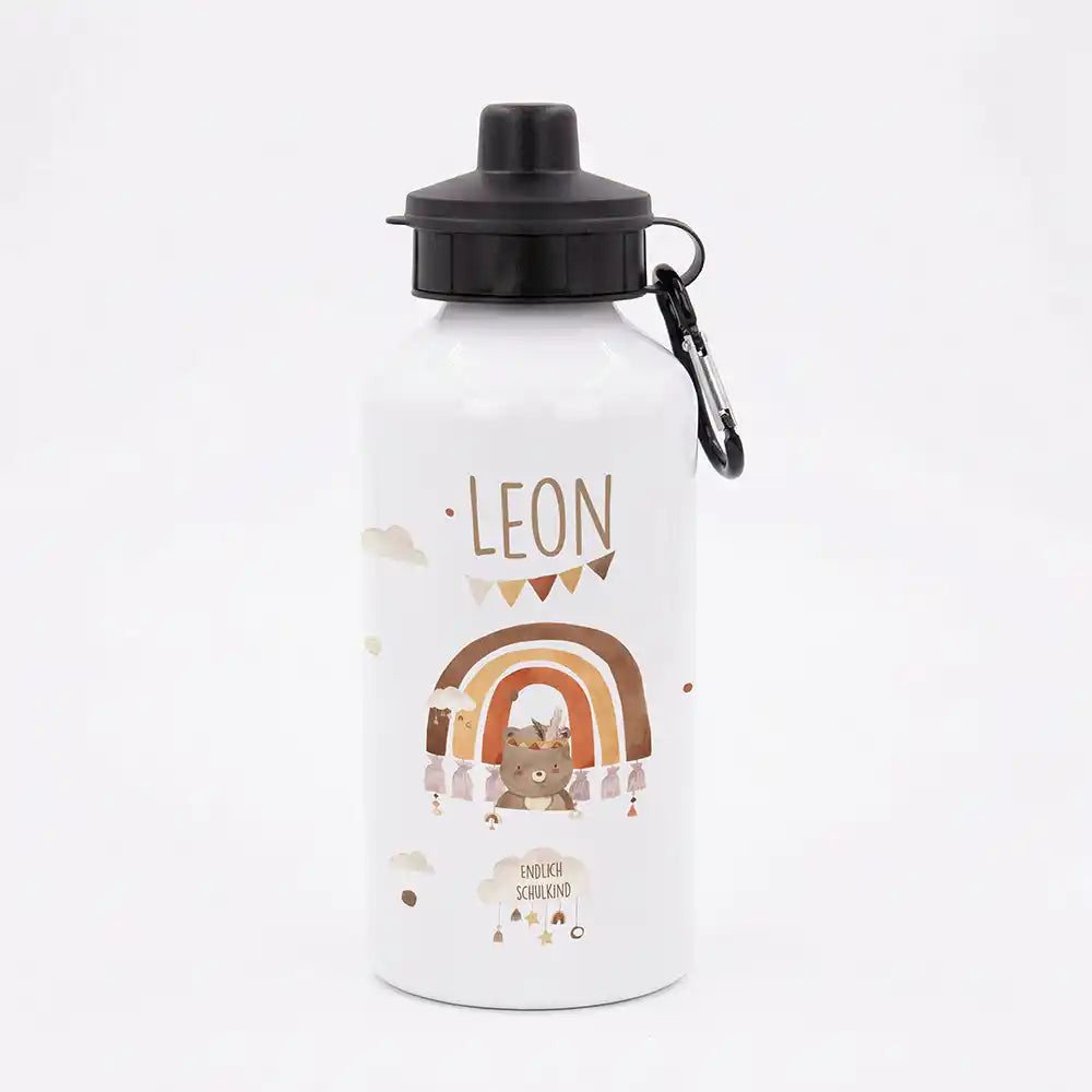 Personalisierte Trinkflasche Kinder Bär Regenbogen Schulkind – Geschenk zur Einschulung