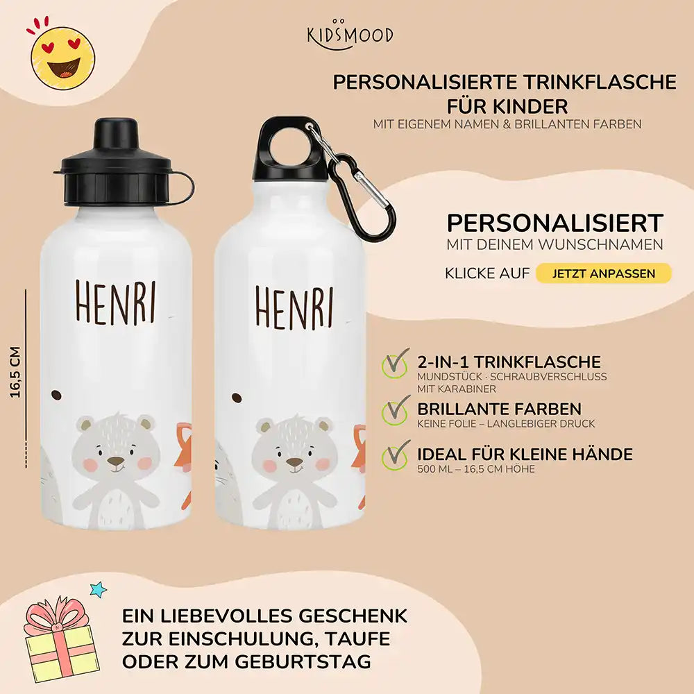 Personalisierte Trinkflasche Kinder Bär & Fuchs – beide Verschlüsse mit Karabiner