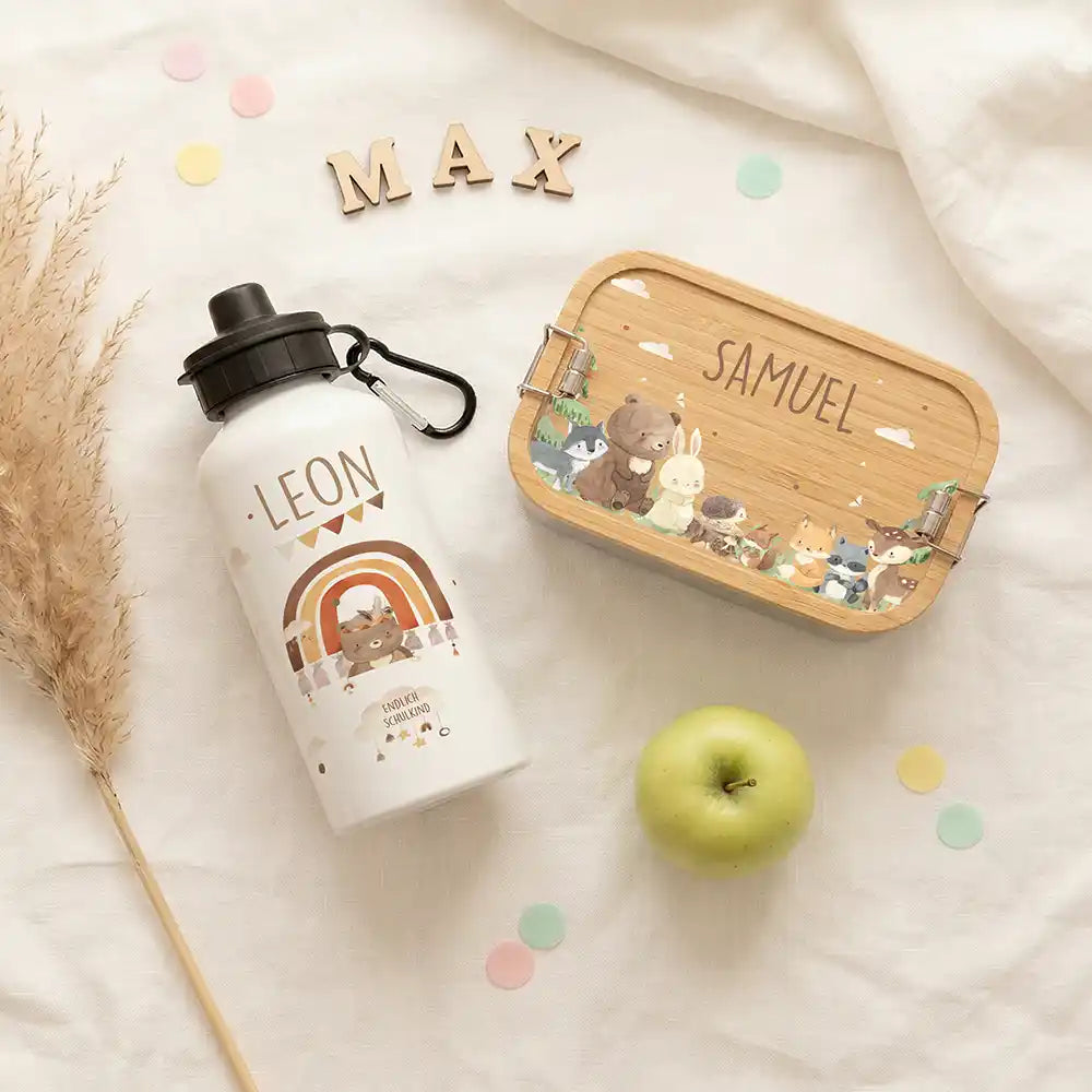 Personalisierte Trinkflasche Kinder Bär Regenbogen Schulkind – mit Karabiner personalisiert