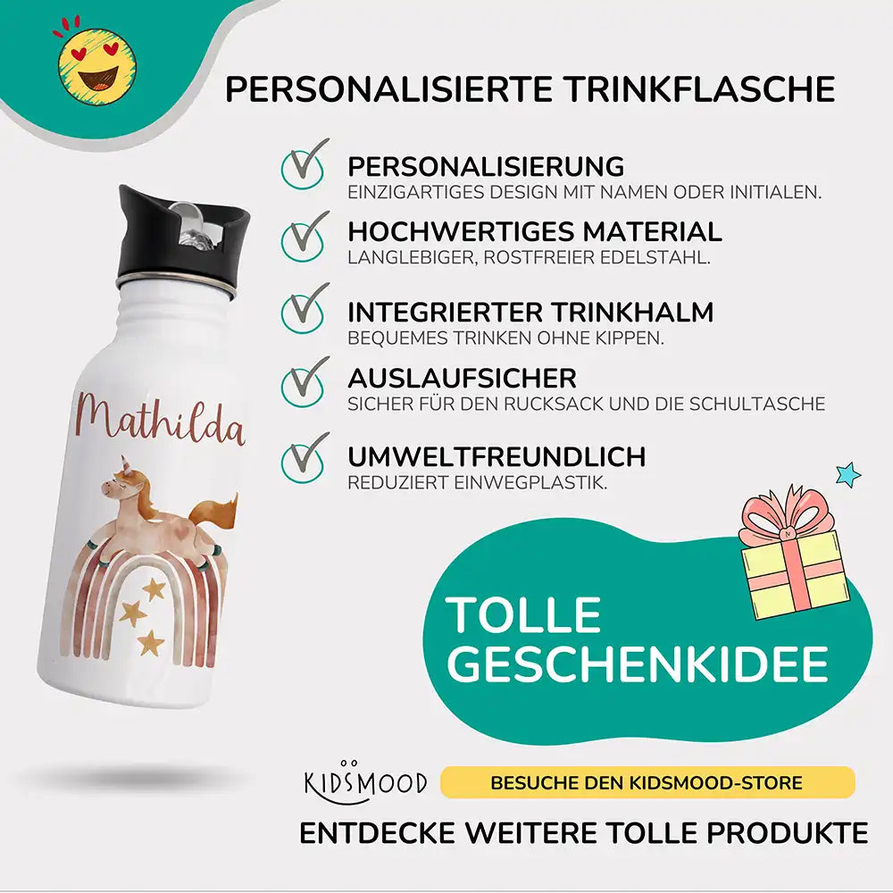 detailansicht der personalisierten trinkflasche mit einhorn