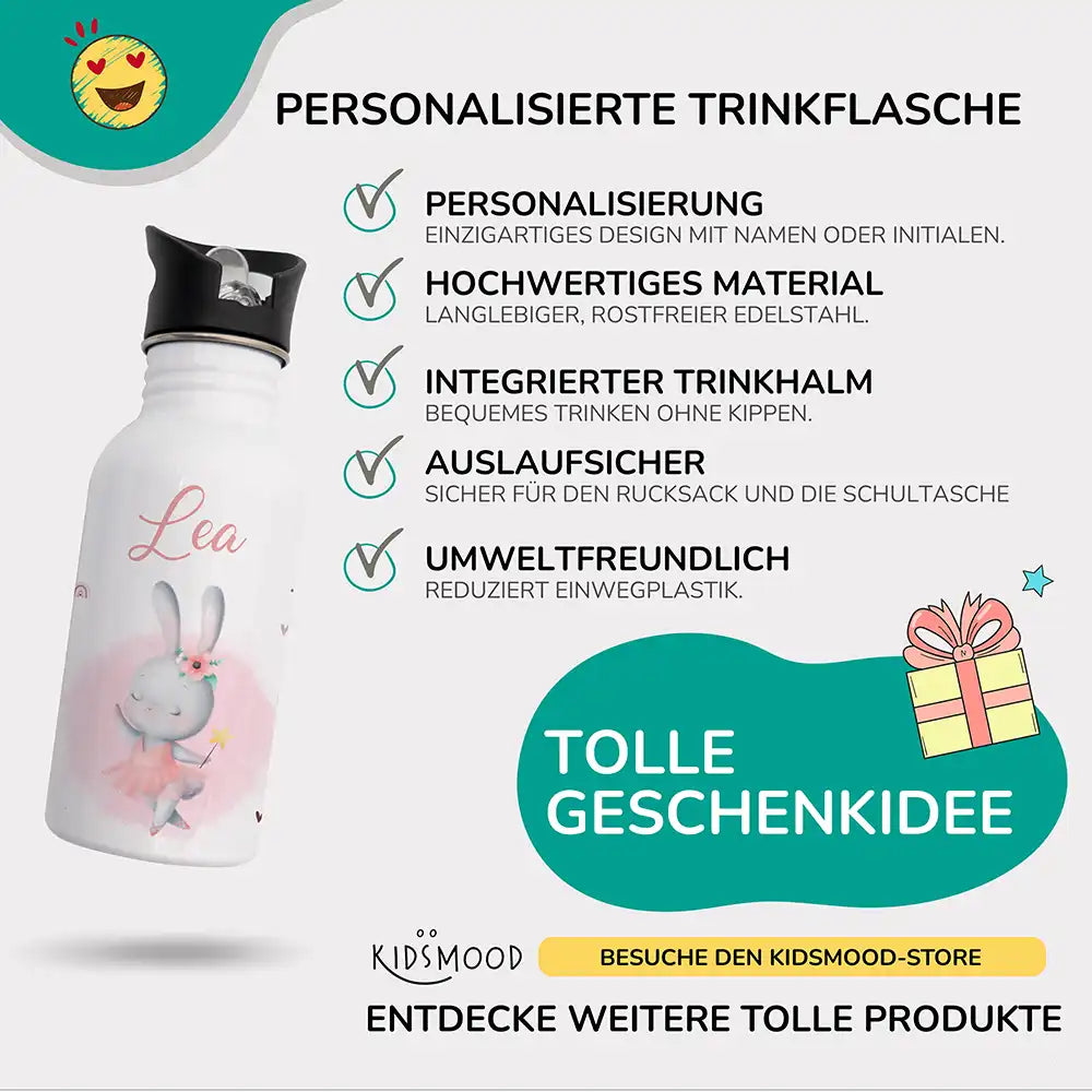 detailansicht der personalisierten trinkflasche mit zauberhasen