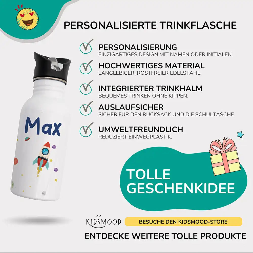 detailansicht der personalisierten trinkflasche mit weltraumrakete