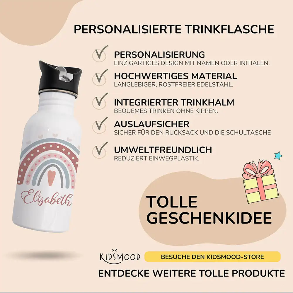 Trinkflasche Kinder Edelstahl - Regenbogen - Personalisierbar mit Namen