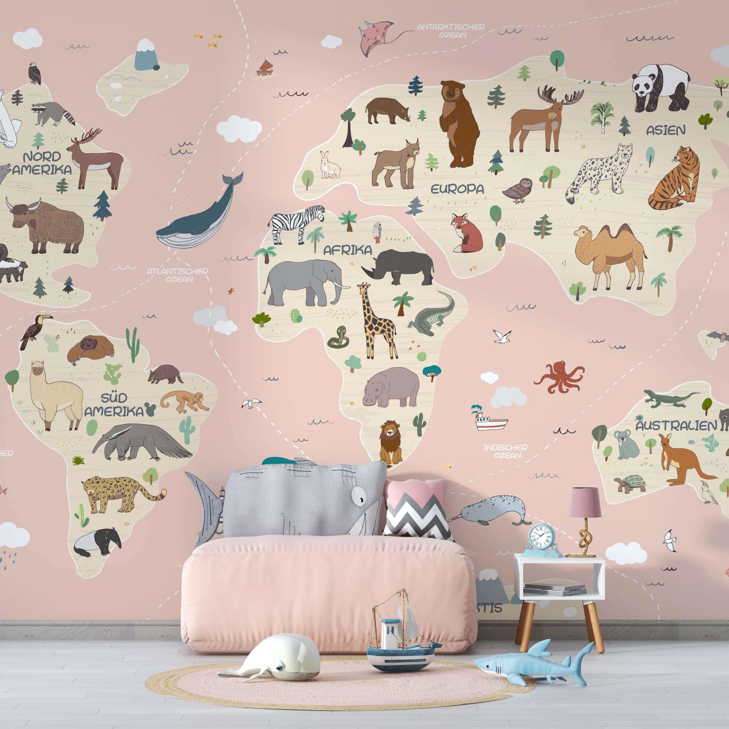 close-up of animal illustrations on world map wall mural