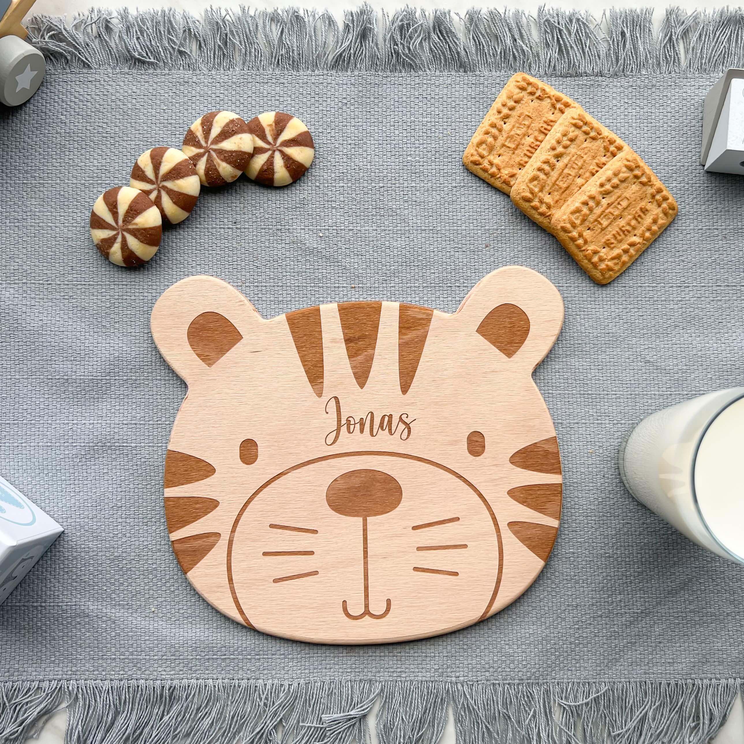 close-up of tiger face design on personalized breakfast board