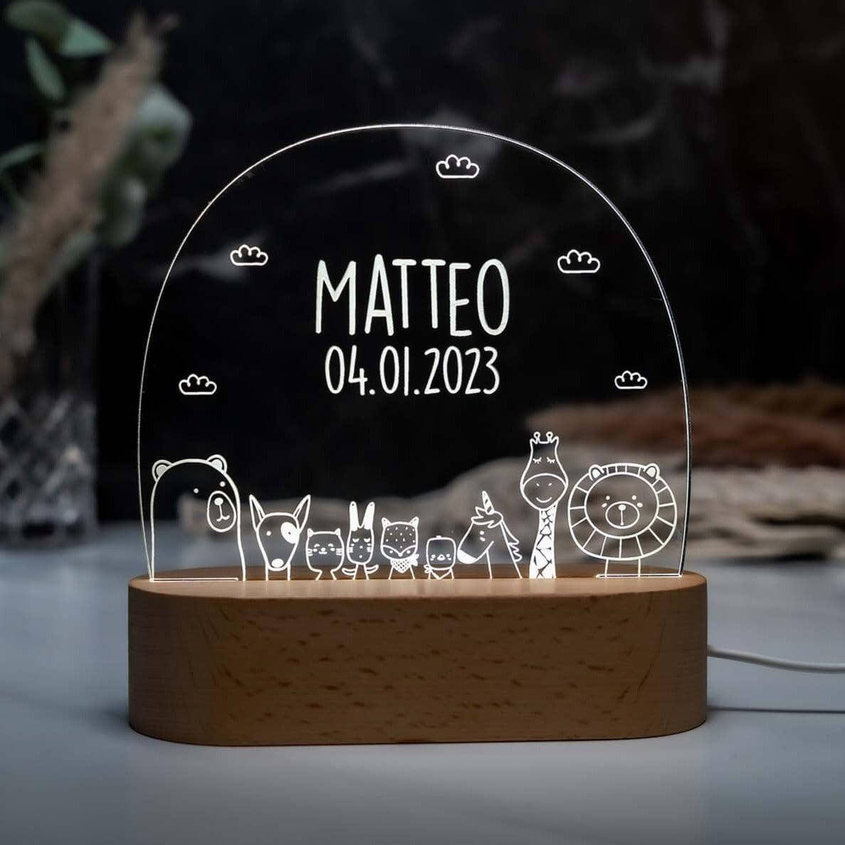 engraved night lamp with animals and custom name