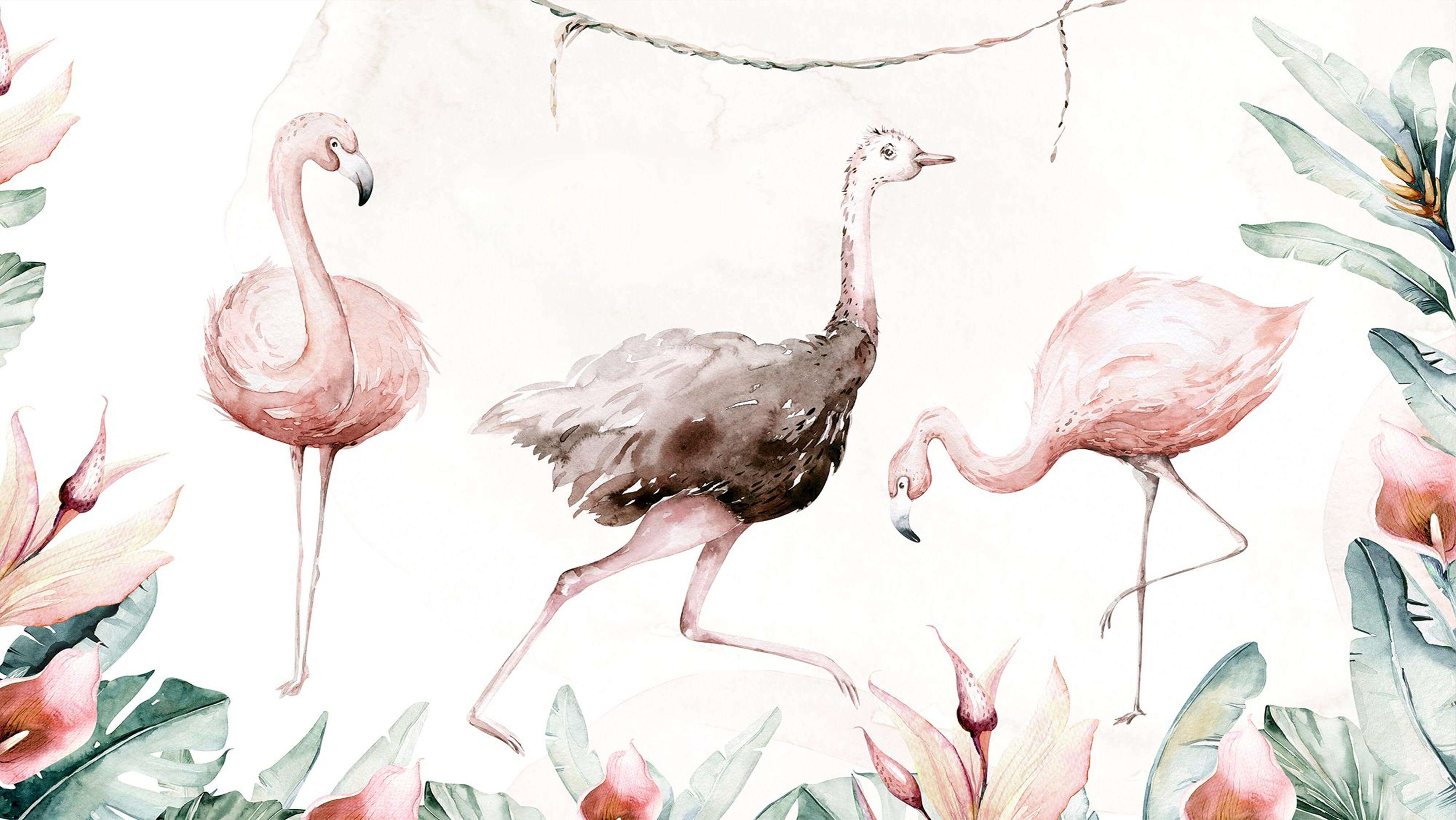 close-up of flamingo design on tropical wall mural